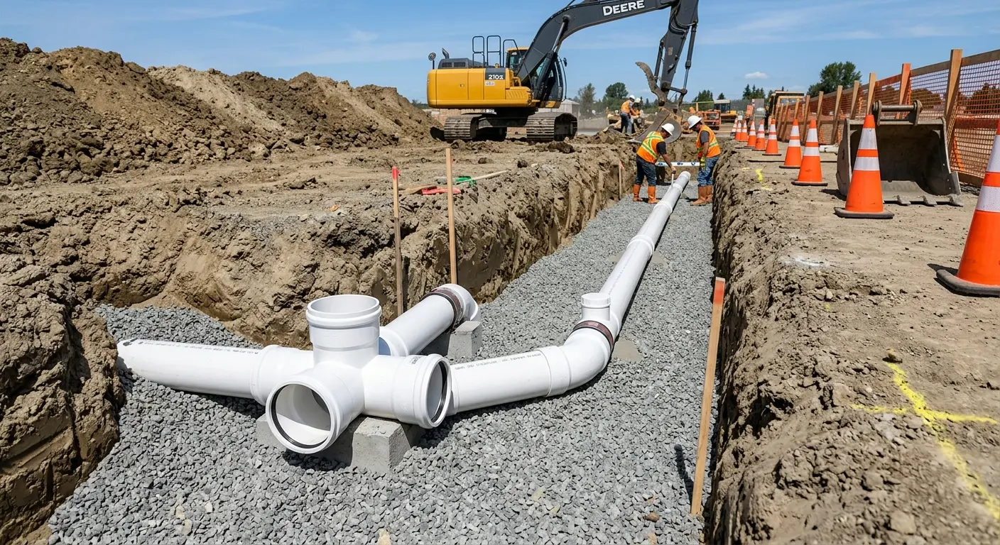 New PVC sewer pipe installation in open trench for Sewer Backup in Kingman