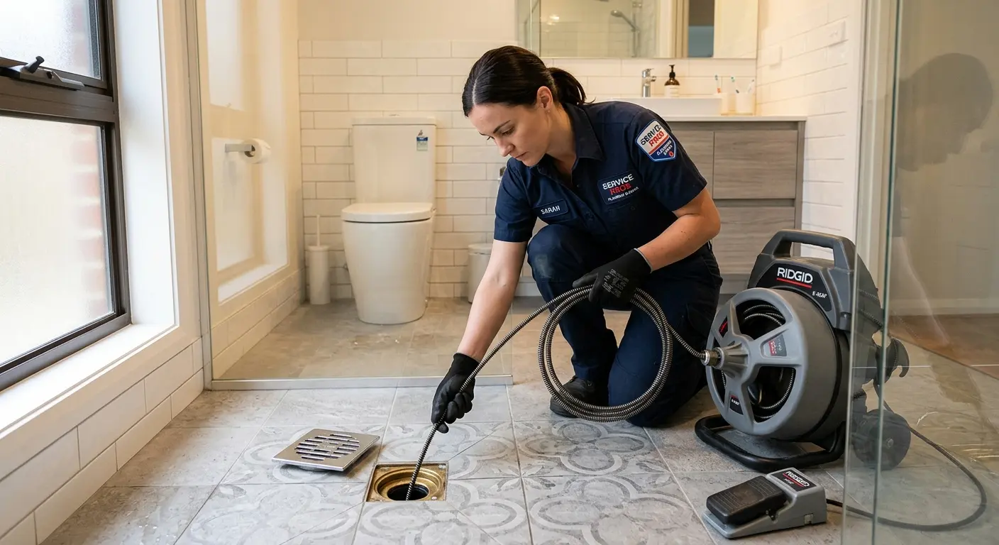 Technician clearing a bathroom floor drain for Clogged Drain Repair in Kingman